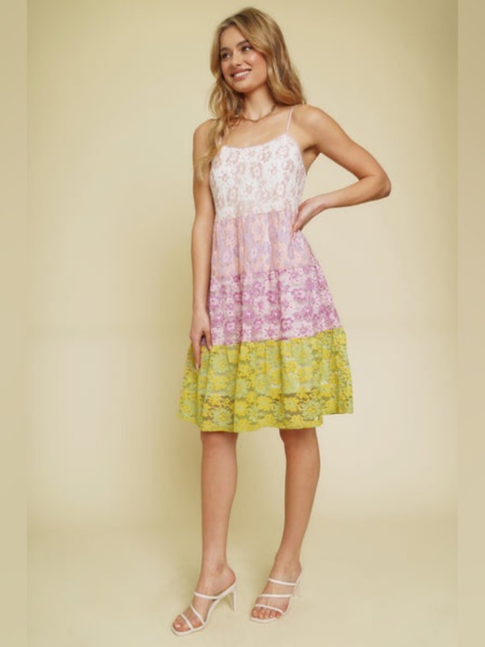 NEW Mystree Gabriella Color Block Multicolor Floral Lace Tiered Midi Dress L - Picture 11 of 12